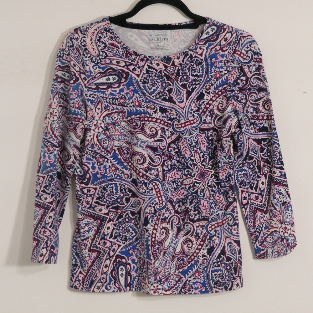 Talbots Women Tee SP Blue Pink Paisley 3/4 Sleeve Boho Preppy Feminine Romantic